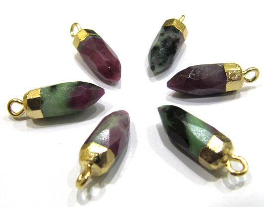 2 piece Natural Ruby Zoisite Tiny Bullet Charm Pointer Pendant  Single Loop Connector Charm  Gold Electroplated approximately 0.5 inch long