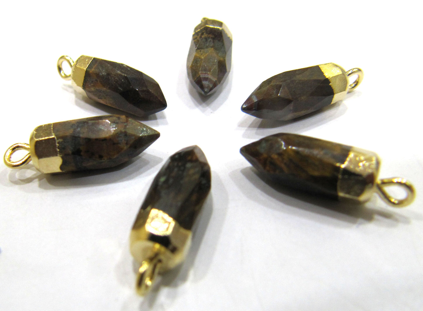 2 piece set Natural Tiger Eye Tiny Bullet Charm Pointer Pendant  Single Loop Connector Charm  Electroplated approximately 0.5 inch long