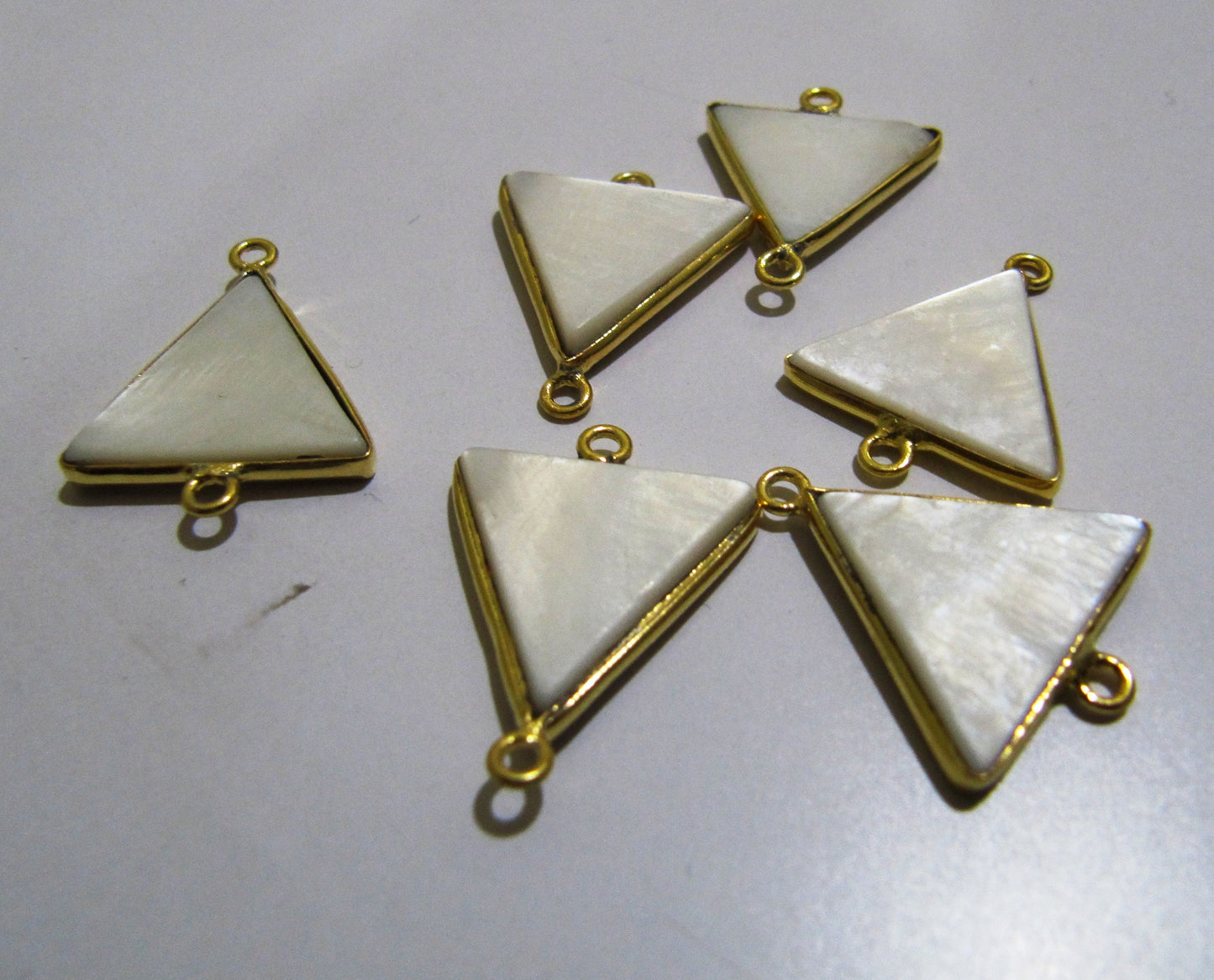Set of 2- Mother of Pearl Triangle Connector, Bezel 24 Kt Gold Plated sold in Wholesale Prices 17mm Size Jewelry Making Connectors
