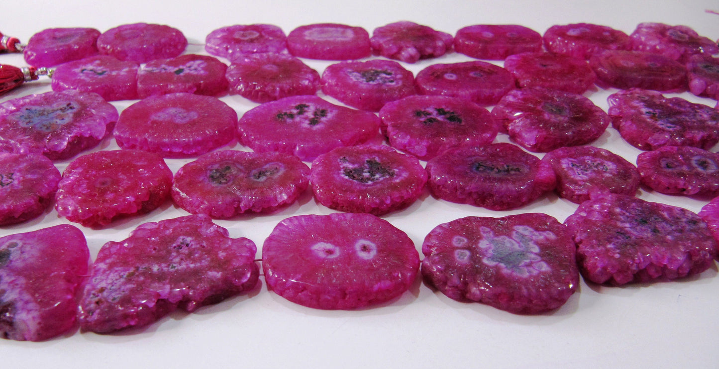 Hot Pink Solar Quartz Druzy Stalactite Slice Beads, Agate,Natural Mossy Stone Druzy 25 to 40mm Sizes Strand 10 inch-Wholesale Prices