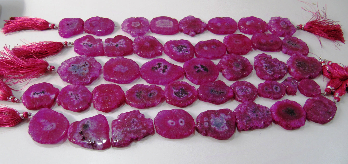 Hot Pink Solar Quartz Druzy Stalactite Slice Beads, Agate,Natural Mossy Stone Druzy 25 to 40mm Sizes Strand 10 inch-Wholesale Prices