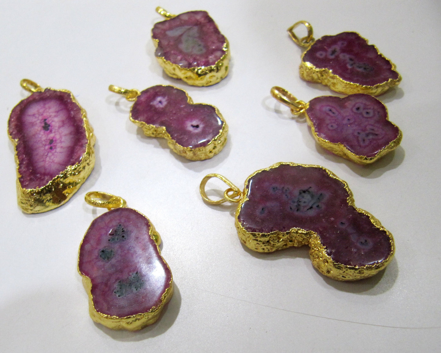 Natural Dark Pink Solar Quartz Stalactite Connectors Pendants size 30 to 50 mm, 24 Kt Gold Electroplated Druzy Slices Free Shape Pendant