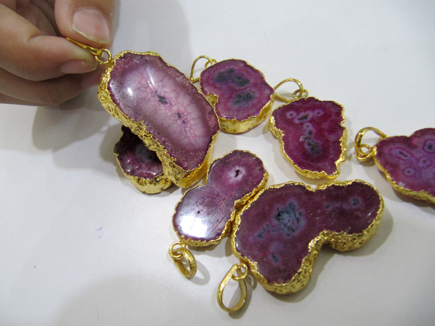 Natural Dark Pink Solar Quartz Stalactite Connectors Pendants size 30 to 50 mm, 24 Kt Gold Electroplated Druzy Slices Free Shape Pendant