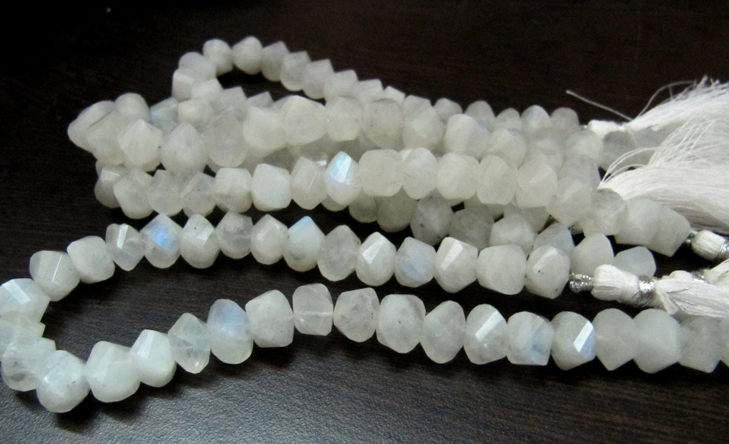 Genuine White Rainbow Moonstone Twisted Briolette Rondelle Beads 9 to 10mm, Strand 10 inches Long 30 top 35 beads per Strand Fancy Shape