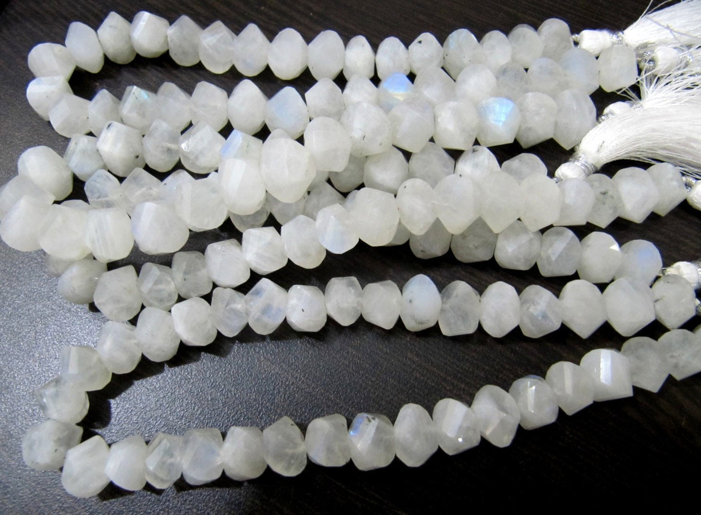 Genuine White Rainbow Moonstone Twisted Briolette Rondelle Beads 9 to 10mm, Strand 10 inches Long 30 top 35 beads per Strand Fancy Shape