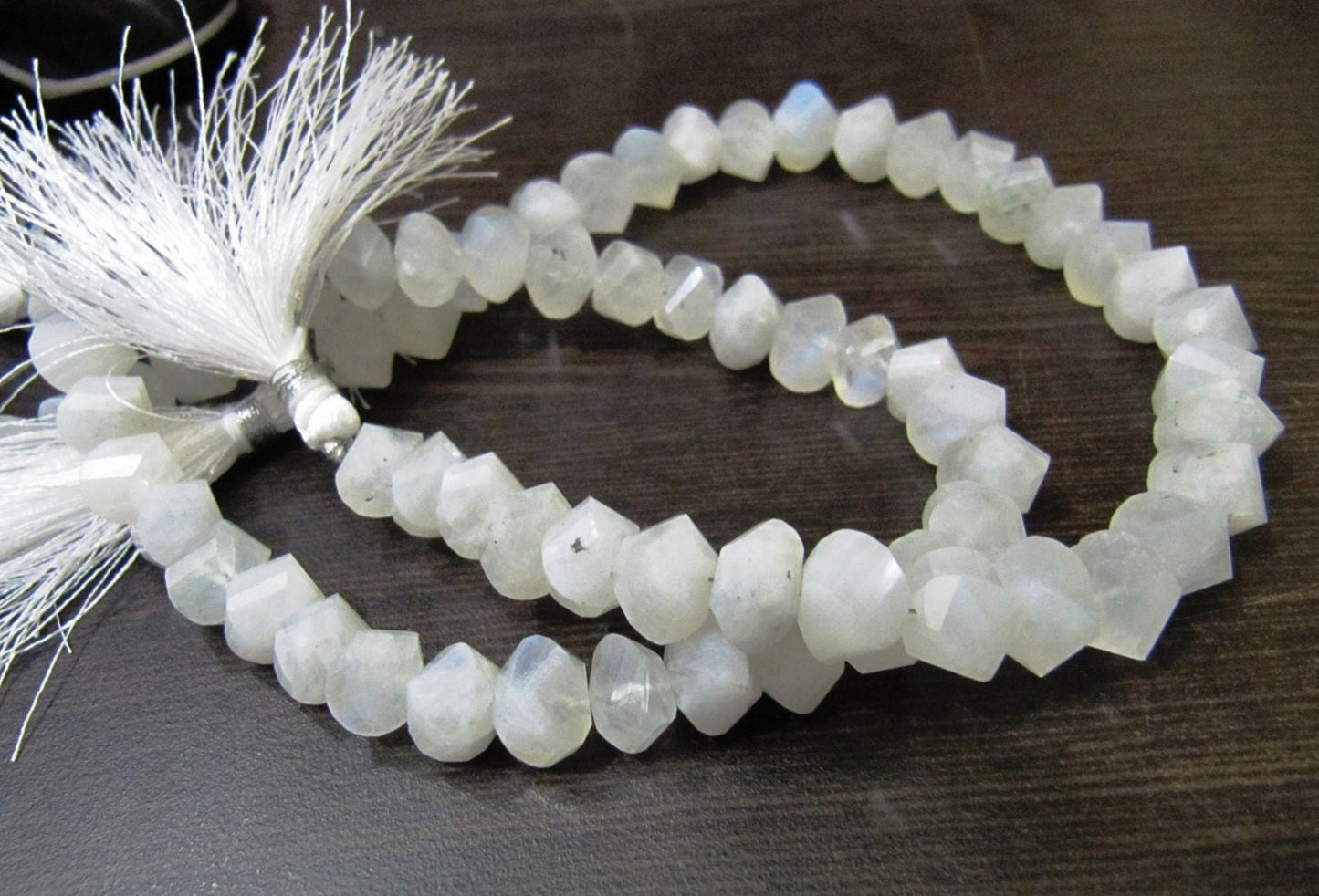 Genuine White Rainbow Moonstone Twisted Briolette Rondelle Beads 9 to 10mm, Strand 10 inches Long 30 top 35 beads per Strand Fancy Shape