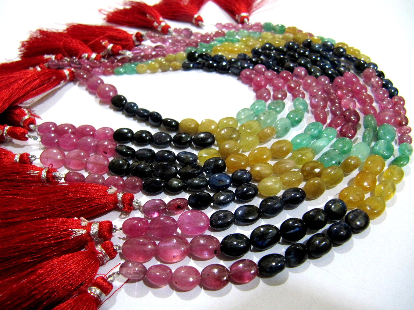 Natural Genuine Ruby Emerald Sapphire Multi Precious Gemstone Oval Plain Beads size 4 To 9 mm Strand 9.5 Inches Long Graduated Beads