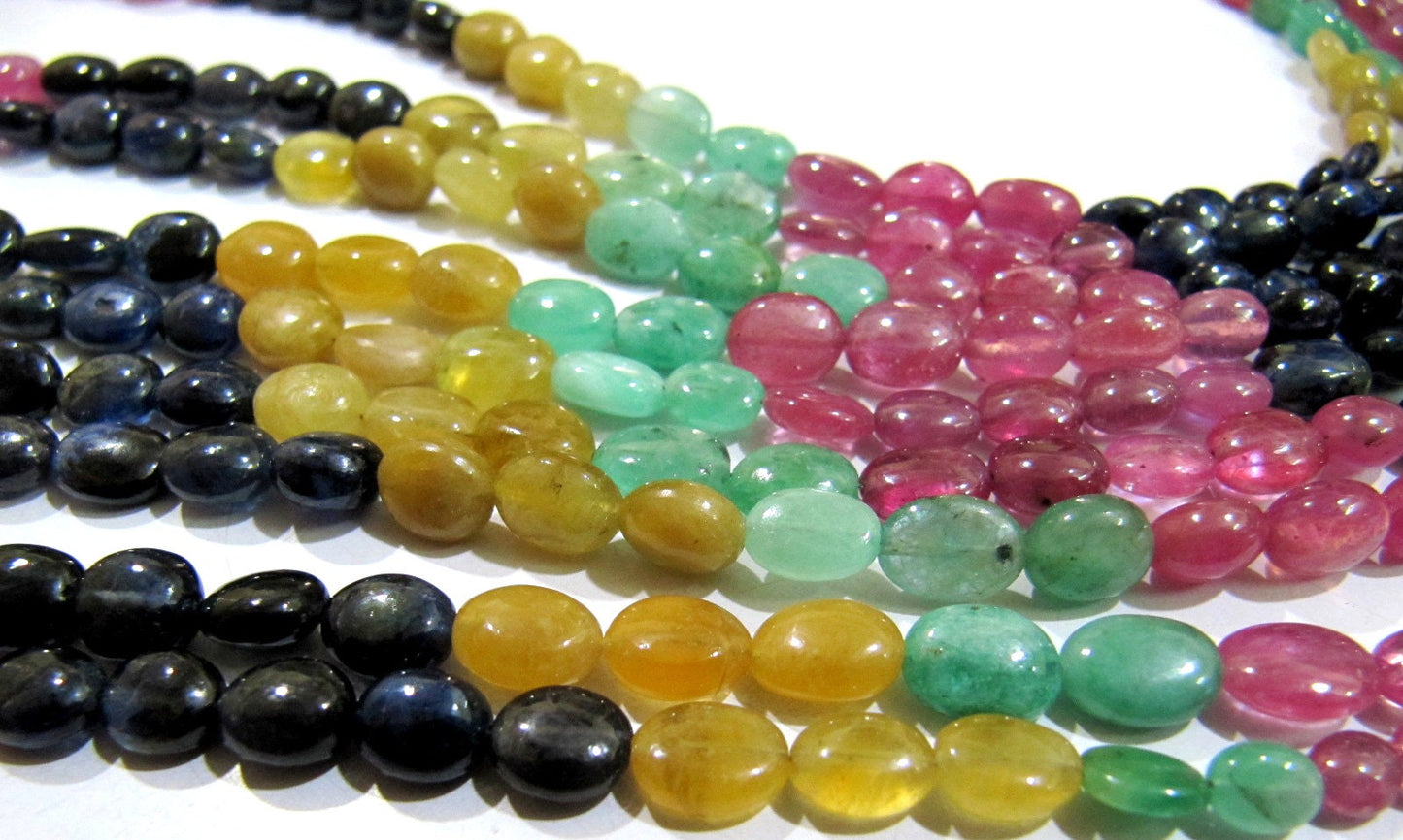 Natural Genuine Ruby Emerald Sapphire Multi Precious Gemstone Oval Plain Beads size 4 To 9 mm Strand 9.5 Inches Long Graduated Beads