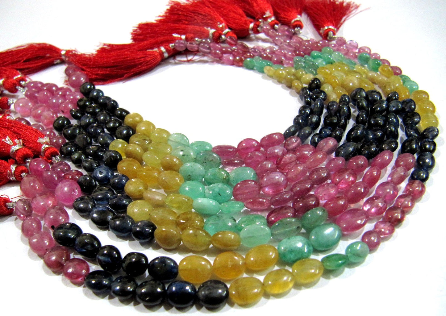 Natural Genuine Ruby Emerald Sapphire Multi Precious Gemstone Oval Plain Beads size 4 To 9 mm Strand 9.5 Inches Long Graduated Beads