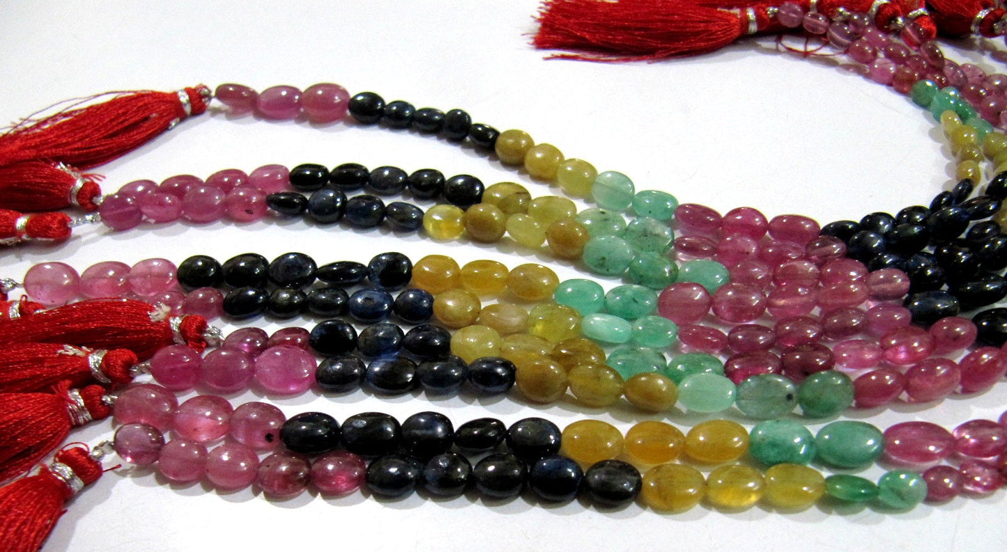 Natural Genuine Ruby Emerald Sapphire Multi Precious Gemstone Oval Plain Beads size 4 To 9 mm Strand 9.5 Inches Long Graduated Beads