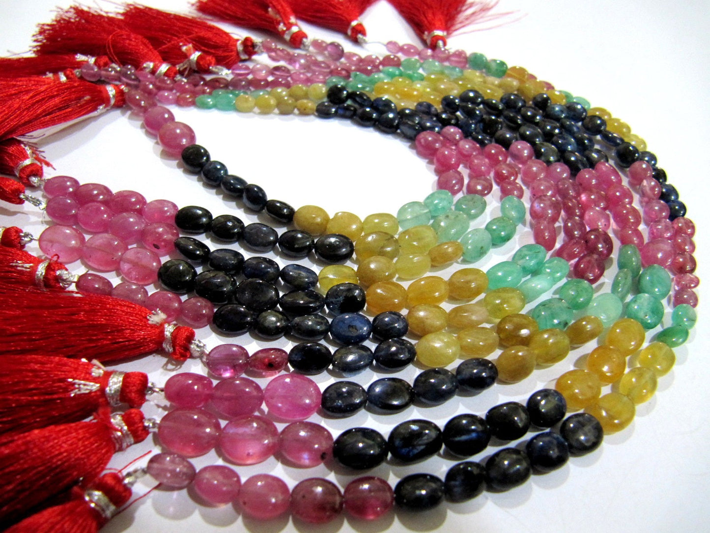 Natural Genuine Ruby Emerald Sapphire Multi Precious Gemstone Oval Plain Beads size 4 To 9 mm Strand 9.5 Inches Long Graduated Beads