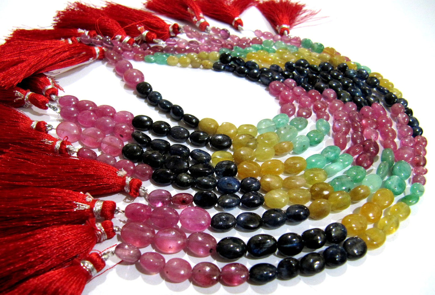Natural Genuine Ruby Emerald Sapphire Multi Precious Gemstone Oval Plain Beads size 4 To 9 mm Strand 9.5 Inches Long Graduated Beads