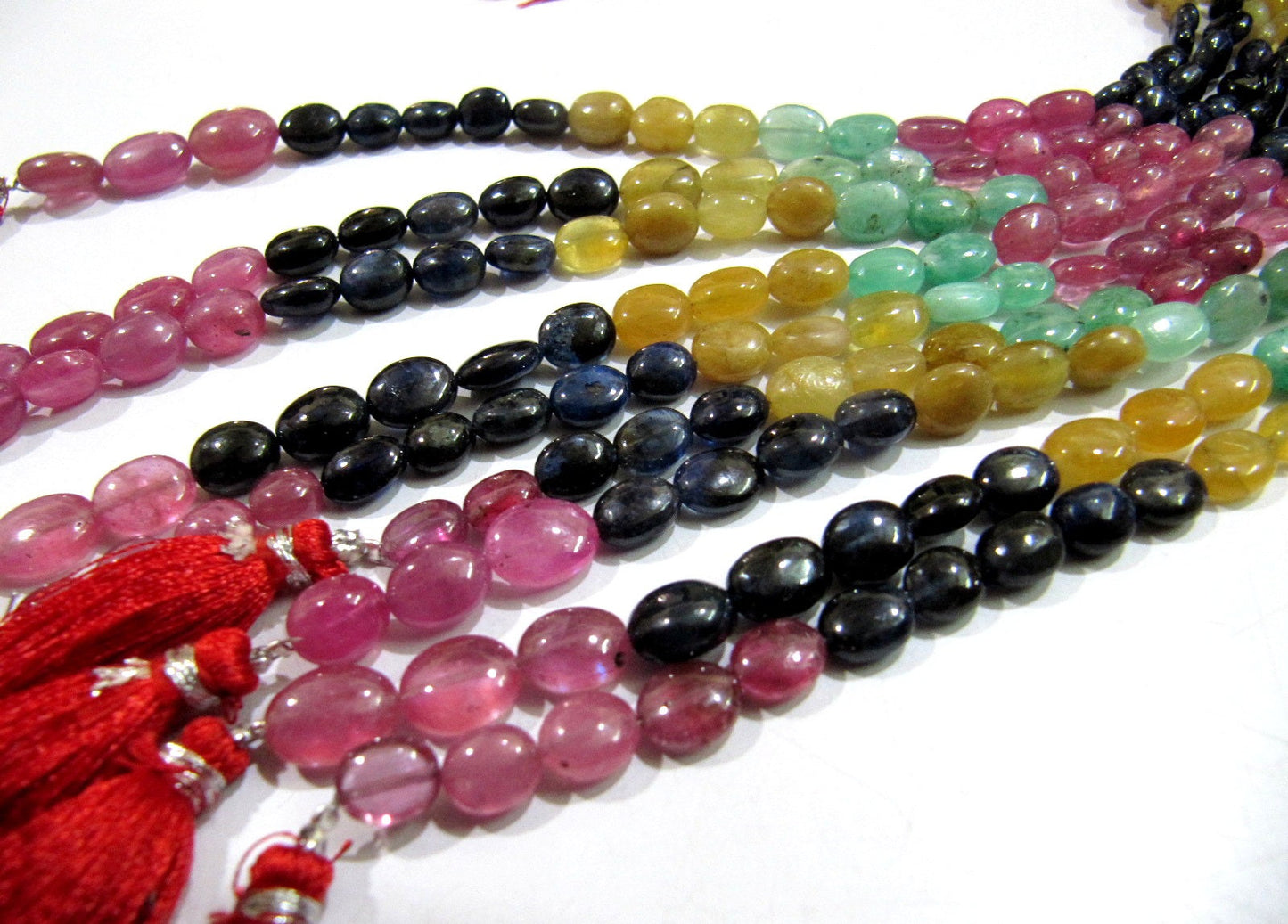 Natural Genuine Ruby Emerald Sapphire Multi Precious Gemstone Oval Plain Beads size 4 To 9 mm Strand 9.5 Inches Long Graduated Beads