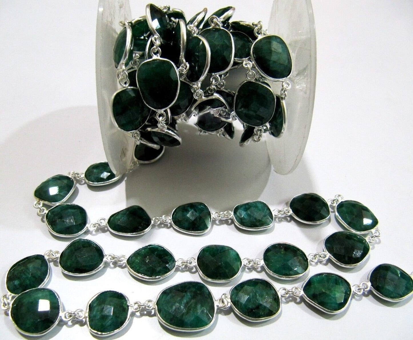 Emerald Briolette Connector Chain 12 to 15mm Gemstone Bezel Uneven Shape Handmade Link Chain sold Per foot