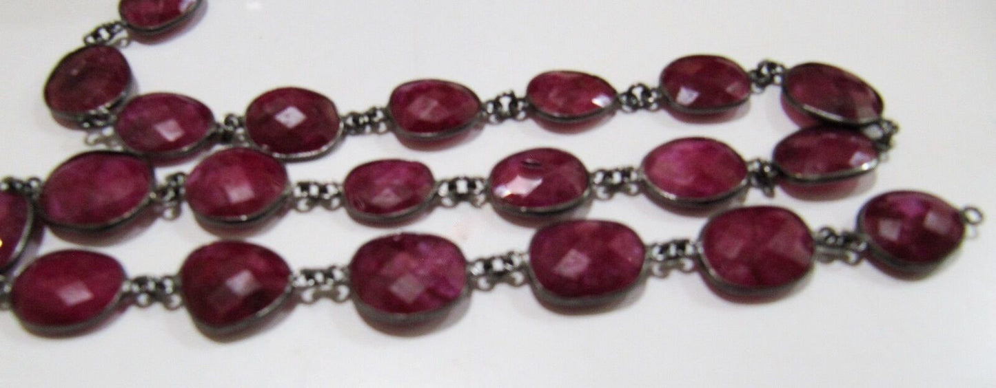 1 Foot- Ruby Uneven Shape Briolette Connector Chain / 12x15mm approx. Rose/Gold/Silver/Black Plated Gemstone Bezel Chain - Wholesale Price