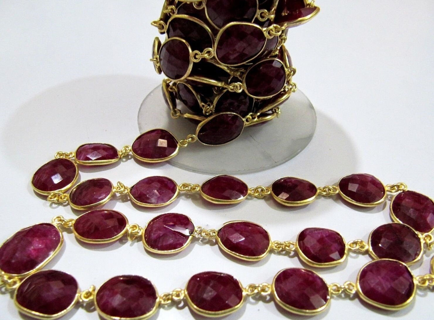 1 Foot- Ruby Uneven Shape Briolette Connector Chain / 12x15mm approx. Rose/Gold/Silver/Black Plated Gemstone Bezel Chain - Wholesale Price