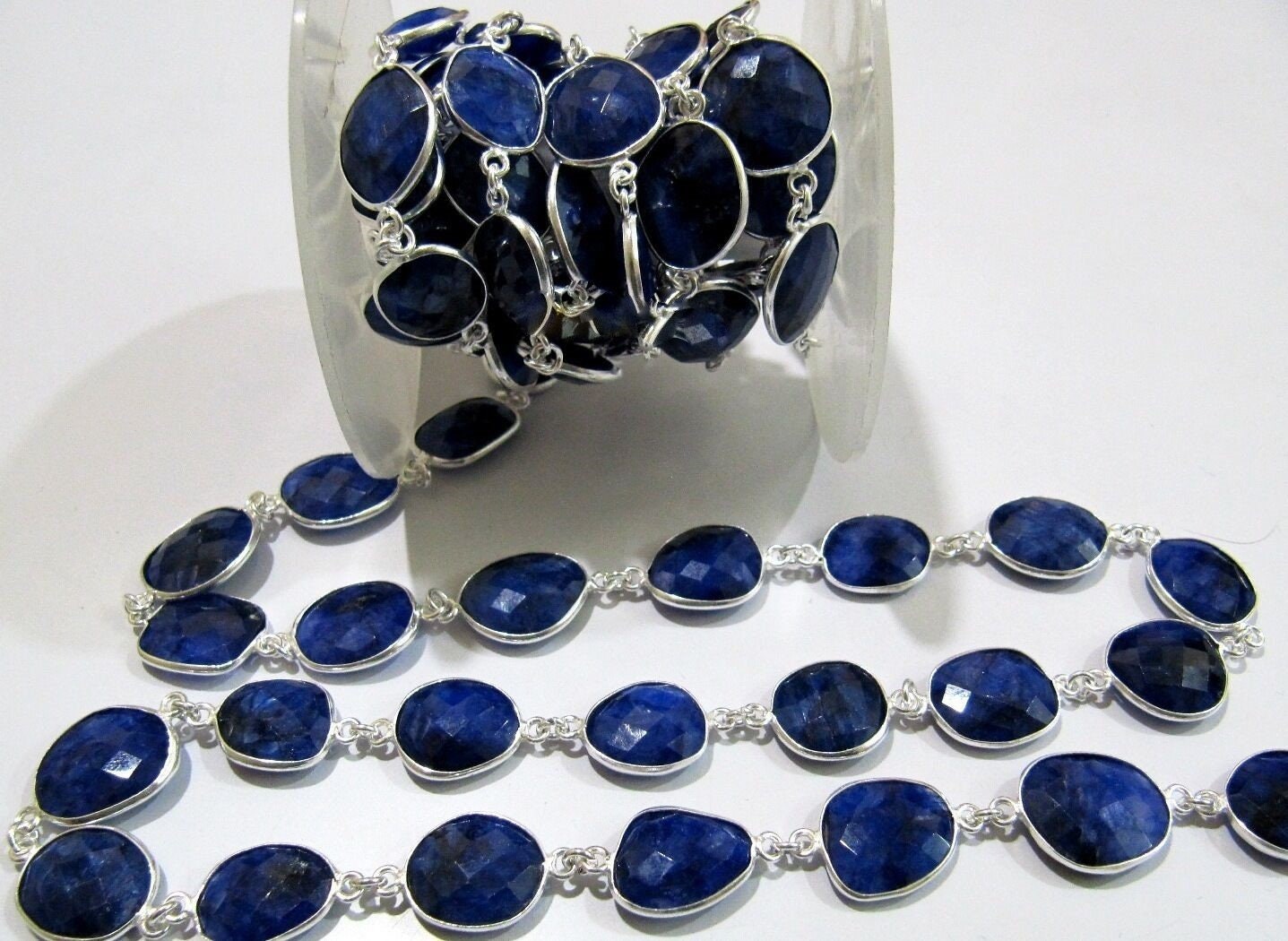 1 Foot- Blue Sapphire Briolette Connector Chain Size 12x15mm Gemstone Bezel Uneven Shape Chain Wholesale Price