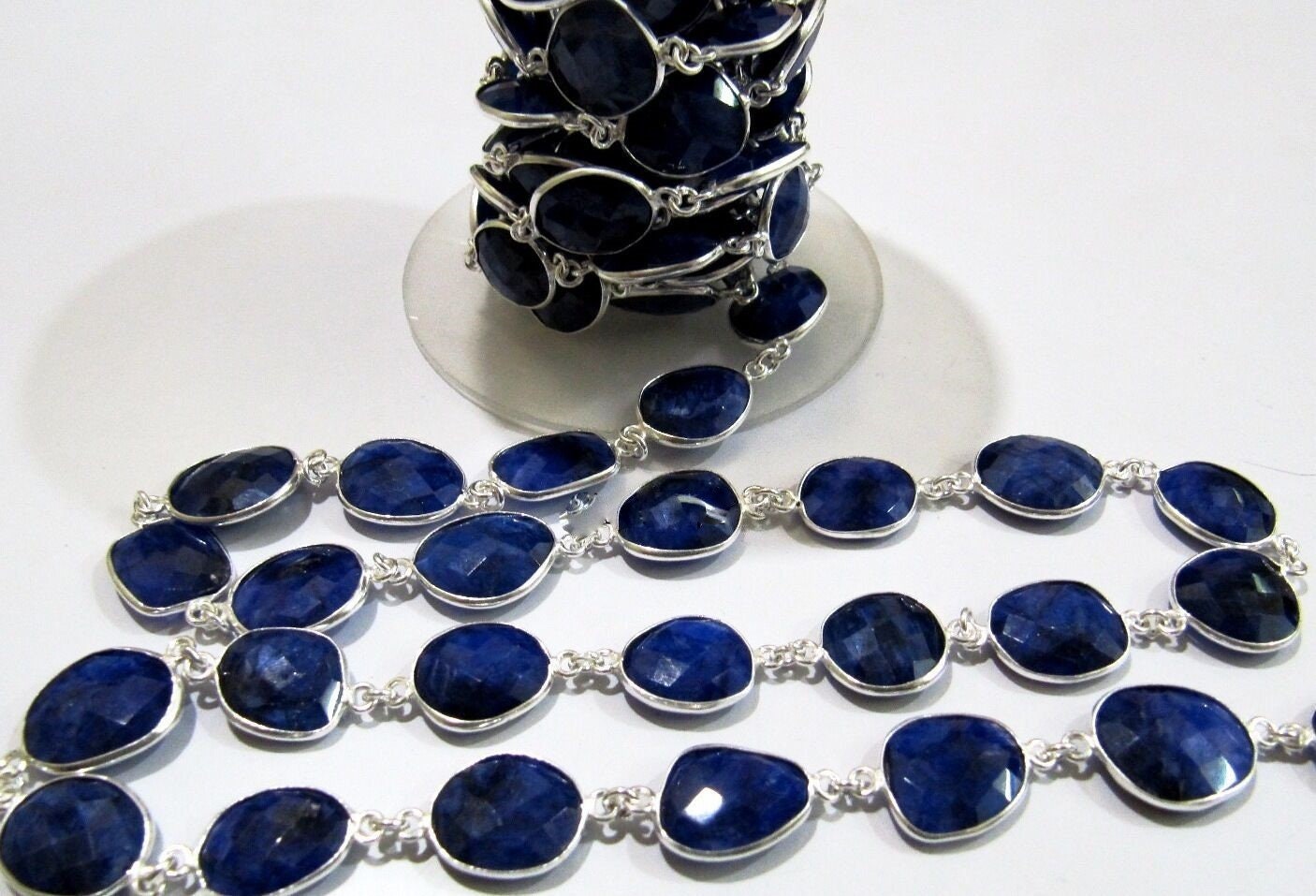 1 Foot- Blue Sapphire Briolette Connector Chain Size 12x15mm Gemstone Bezel Uneven Shape Chain Wholesale Price