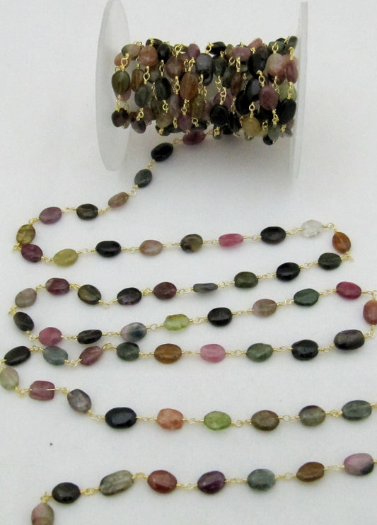 Natural Multi tourmaline 8 to 10 mm Oval Plain Smooth Beaded Rosary Wire Wrapped Chain Wholesale Prices Jewelry Making gemstone chain