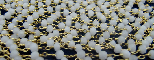 3- Feet Natural White Agate Rondelle Faceted Size 3-4mm wire wrapped  Beaded Rosary Chain Wholesale Prices Jewelry Making Gemstone chain