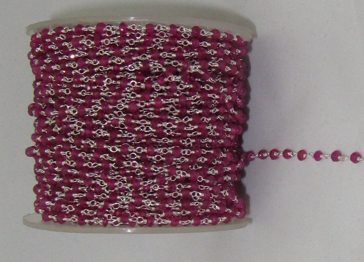 Fancy Ruby  Rondelle 3-4mm Faceted Beaded 92.5% Sterling Silver Rosary Chain Top Quality Wholesale Jewelry Making chain