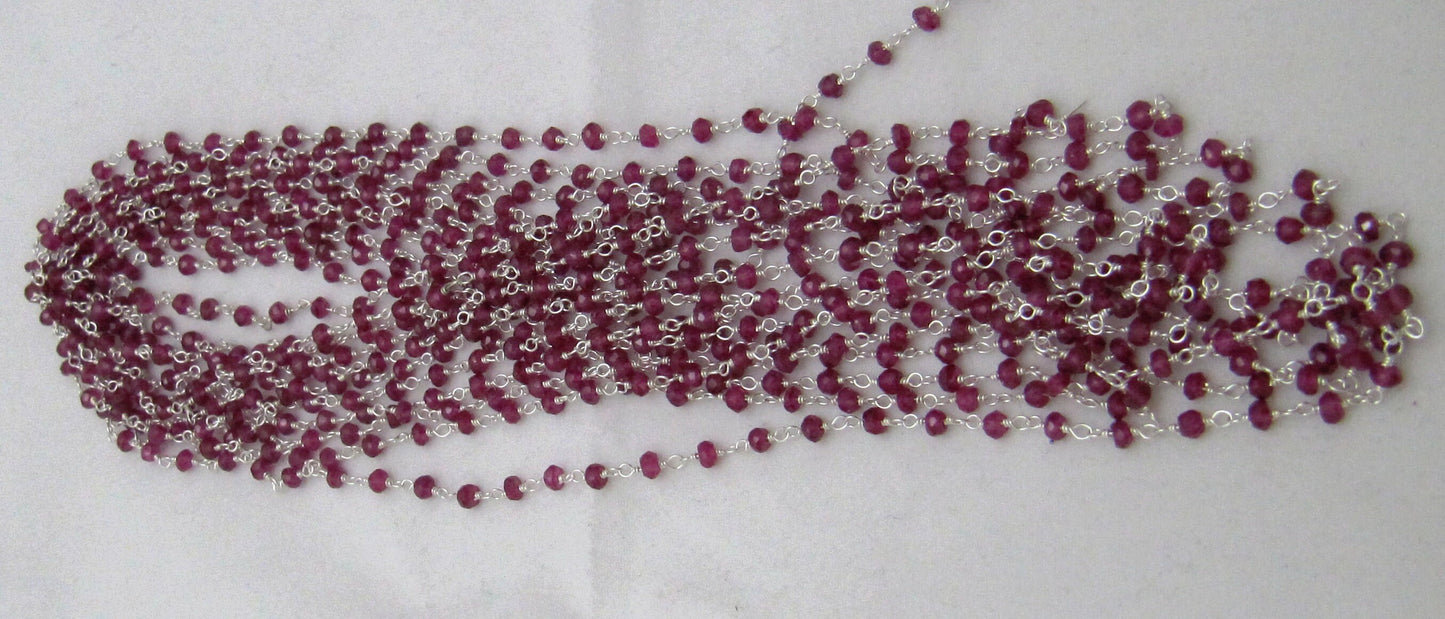 Fancy Ruby  Rondelle 3-4mm Faceted Beaded 92.5% Sterling Silver Rosary Chain Top Quality Wholesale Jewelry Making chain