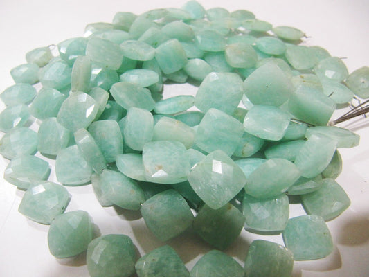 Natural Amazonite Cushion Shape 11-12mm Briolette Faceted Cut Green Color beads strand 8 inches Jewelry Making Brown Gemstone Beads