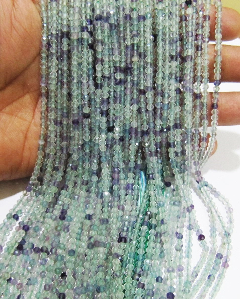 Natural Fluorite Multi Color Beads Fluorite Rondelle Shape Faceted 3mm Beads Green Beads, Purple Beads Strand 13 Inch Long