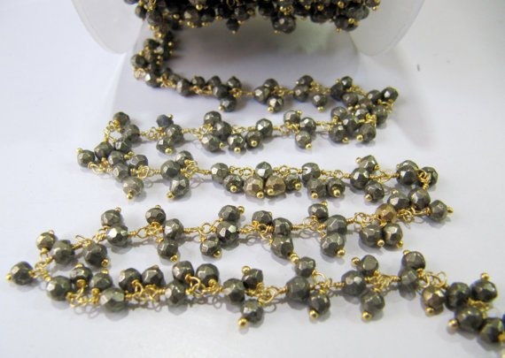 Natural Pyrite Dangling Chain/ Cluster chain,Rondelle Faceted beaded chain 3 to 4mm beads, Rosary Thick Design Wholesale Price sold per foot