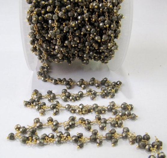 Natural Pyrite Dangling Chain/ Cluster chain,Rondelle Faceted beaded chain 3 to 4mm beads, Rosary Thick Design Wholesale Price sold per foot