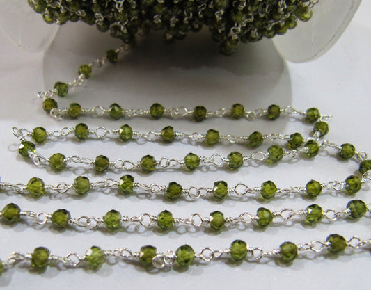 3 Ft-Beautiful CZ Rosary Chain Olive Green Color 3mm Heena color Cubic Zirconia Wire Wrapped Beaded Chain Wholesale Prices Crystal chain