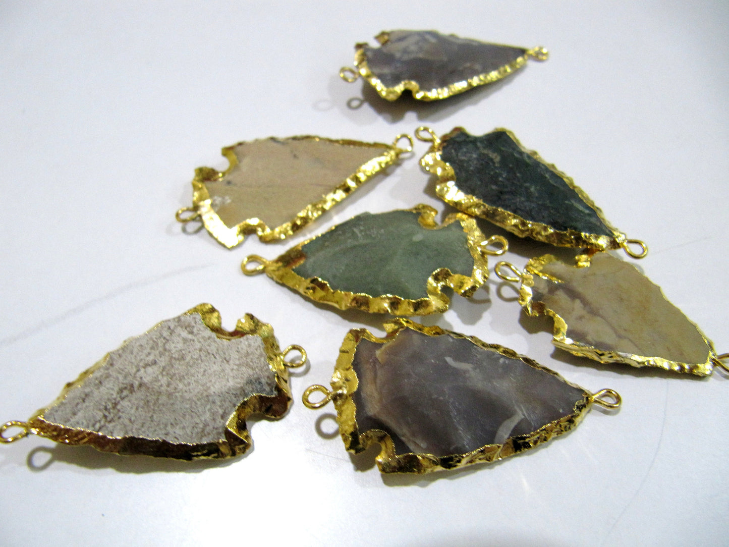 2 Pcs Set Natural Jasper Gold Electroplated Edge Double Loop Arrowhead Connector Charms Pendant Size 1 to 1.5 Inches Long