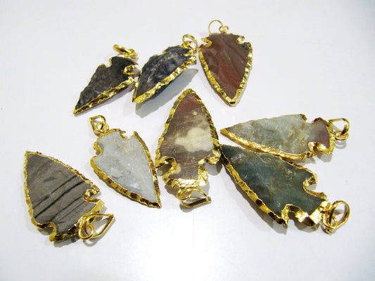 2 Pcs Set Natural Jasper Gold Electroplated Edge Single Loop Arrowhead Connector Charms Pendant Size 1 to 1.5 Inches Long