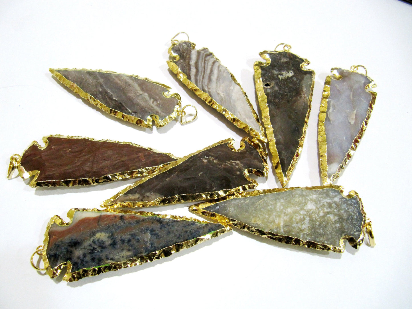 2 Pcs Set Natural Jasper Gold Electroplated Edge Single Loop Arrowhead Connector Charms Pendant Size 3 to 3.5 Inches Long