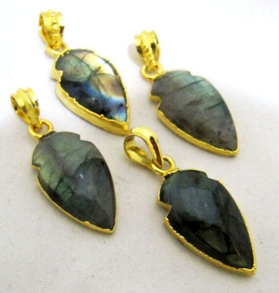 2 Pcs Set Natural Labradorite Blue Flashy Charm arrow head- 24 Kt Gold Electroplated Edge Arrowhead Pendant-Gemstone 30 to 40mm approx