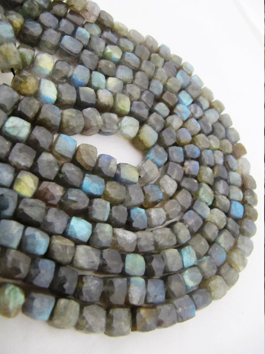 Natural Labradorite 3D Cube Beads 6 to 8mm Faceted Box Shape Beads Sold per strand 8 inches long Blue Flashy Gemstone Beads Wholesale Prices