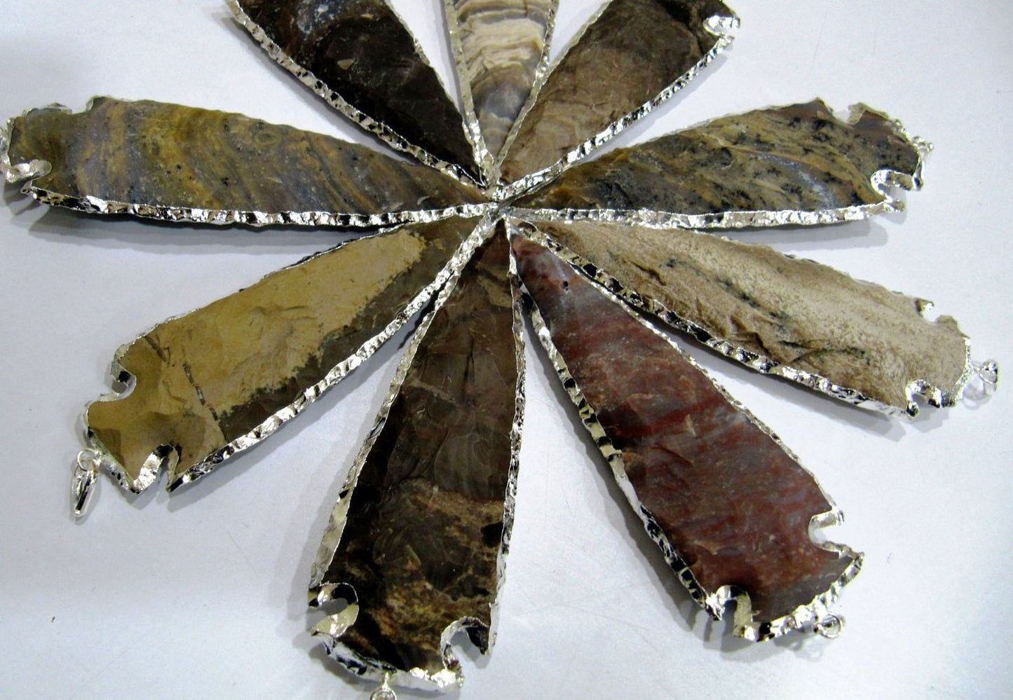 2 Pcs Set Natural Jasper Silver Electroplated Edge Single Loop Arrowhead Connector Charms Pendant Size 3 to 3.5 Inches Long