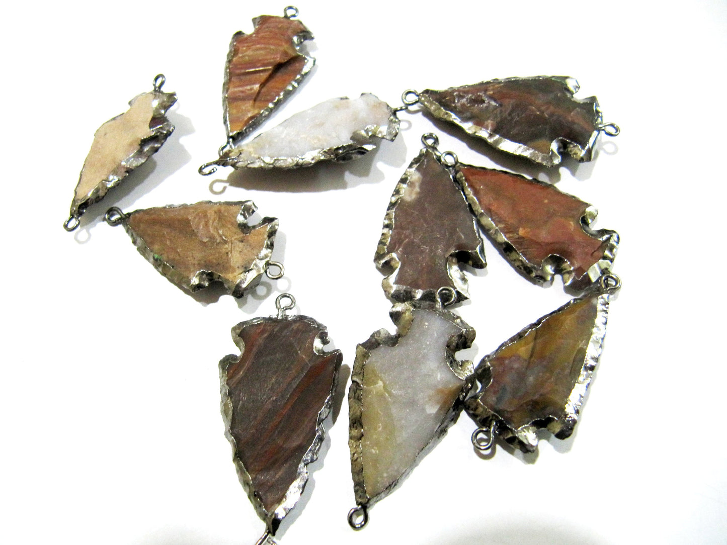 2 Pcs Set Natural Jasper Silver Electroplated Edge Double Loop Arrowhead Connector Charms Pendant Size 1 to 1.5 Inches Long