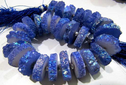 Dark Tanzanite Color Solar Quartz Slice Beads, Disc Sparkling 14 to 18mm Size Druzy Beads, Length 8 inch Long with approx. 25-30 Beads