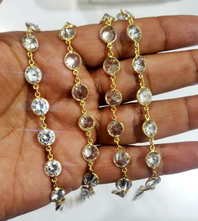 AAA Cubic Zirconia Briolette Round Coin Shape 8mm Bezel Handmade Tiff Connector Chain Sold Per foot CZ Chains top Quality