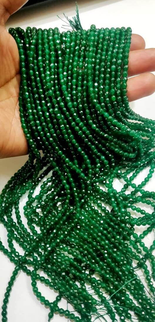 AAA Quality Natural Green Jade Round Faceted Ball Shape , 4mm Size Beads , Strand 14 inches long , Green Jade Gemstone Beads Wholesale Rate