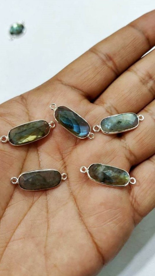 2 Pcs Set Natural Labradorite Cushion Shape 9x18mm Briolette Connectors Gray Stone Double Loop Bezel Jewelry Making Bezel Connectors