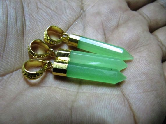 Green Chalcedony Pencil Shape Pointed Charms, 30 To 40mm Gold Electroplated Pendant, Faceted Fancy shape charm with Designer Loop per piece