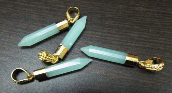 Aqua Chalcedony Pencil Shape Pointed Charms, 30 to 40mm Gold Electroplated Pendant, Faceted Fancy shape charm with Designer Loop per piece