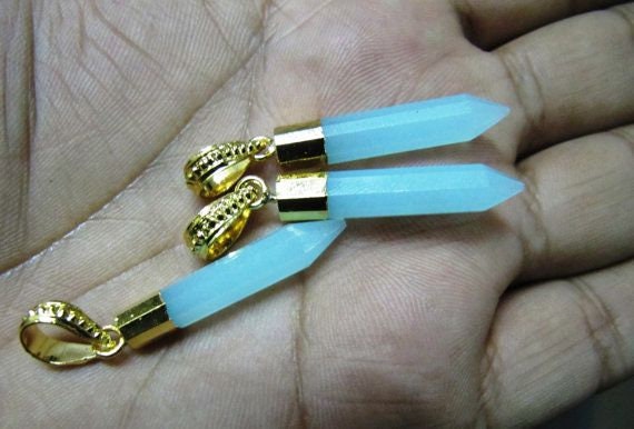 Aqua Chalcedony Pencil Shape Pointed Charms, 30 to 40mm Gold Electroplated Pendant, Faceted Fancy shape charm with Designer Loop per piece