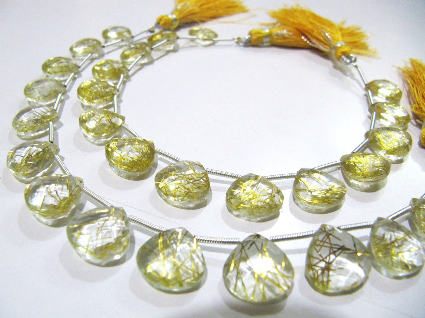 Golden Rutilated Hydro Quartz Heart Shape 11-12 mm Briolette Beads Strand 8 Inch Long Golden Color Heart Shape Beads