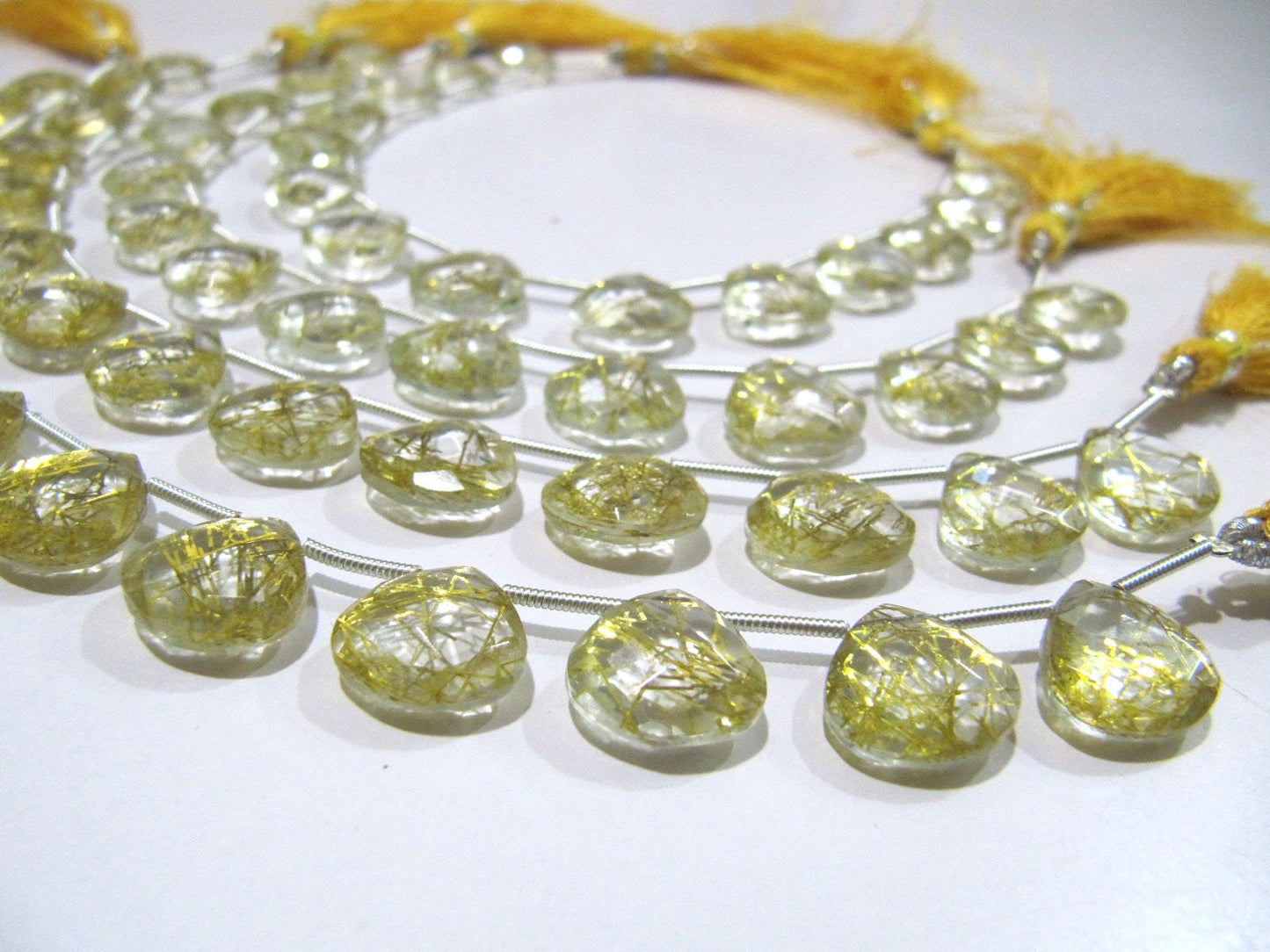 Golden Rutilated Hydro Quartz Heart Shape 11-12 mm Briolette Beads Strand 8 Inch Long Golden Color Heart Shape Beads