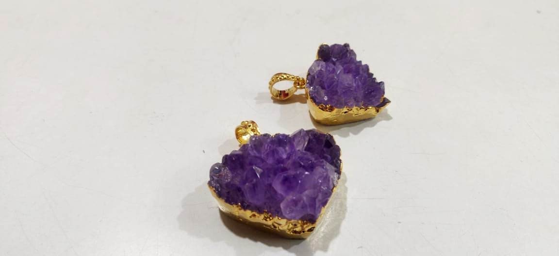 Natural Amethyst Raw Druzy Pendants 30 to 40mm , 24 Kt Gold Electroplated Heart Shape Druzy  Pendant , Unique And Rare Gemstone Jewelry