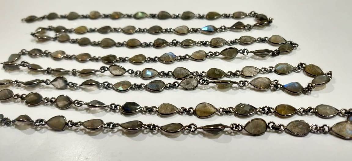 Natural Labradorite Pear Heart Shape Briolette faceted Bezel Connector Chain 6x9mm Gold/Silver/Black/Rose Plated Sold Per Foot High Quality