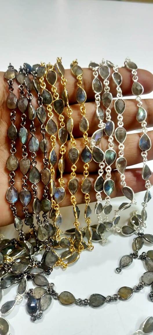Natural Labradorite Pear Heart Shape Briolette faceted Bezel Connector Chain 6x9mm Gold/Silver/Black/Rose Plated Sold Per Foot High Quality